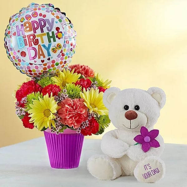 Send Mixed Flower Carnations with Happy Birthday Balloon and Teddy Online
