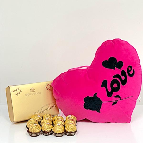 Send Heart Shaped Pillow and 12 Ferrero Rocher Combo Online