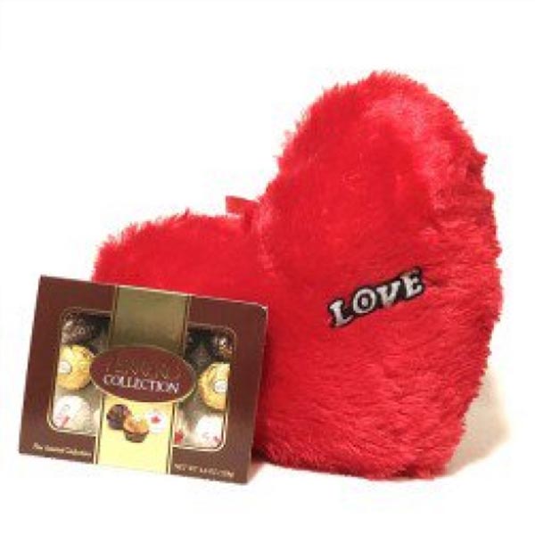 Send 12 Pieces Ferrero Rocher Box and Heart Shaped Pillow Combo Online