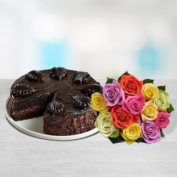 Send Chocolate Mousse Cake with Dozen Mixed Roses Bouquet Online