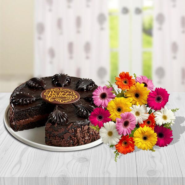 Send Chocolate Mousse Cake with Dozen Mixed Gerberas Bouquet Online