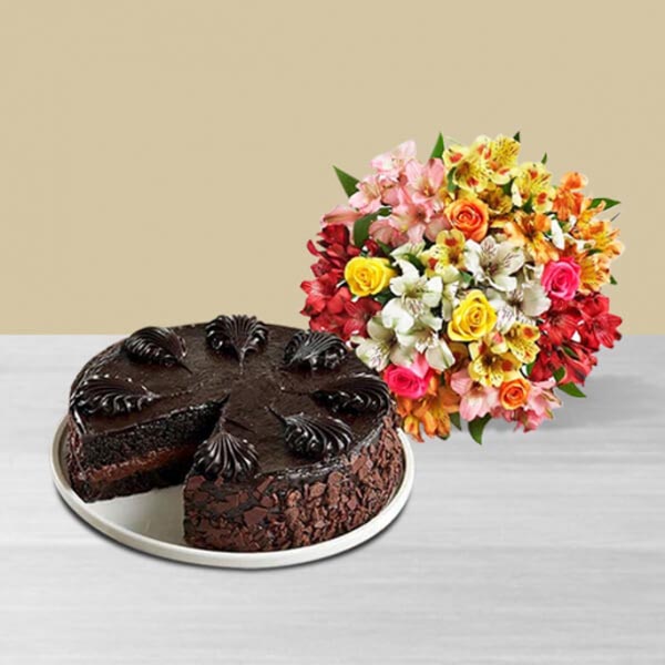 Send Chocolate Mousse Cake with Mixed Peruvian Lilies Bouquet Online