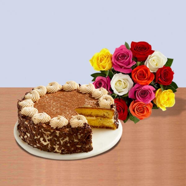 Send Tiramisu Cake with Dozen Mixed Bouquet of Roses Online