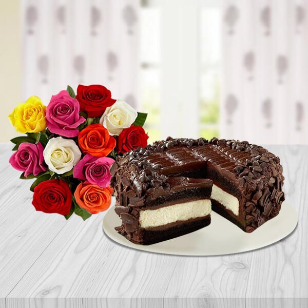 Send Chocolate Cheesecake with Dozen Mixed Roses Bouquet Online