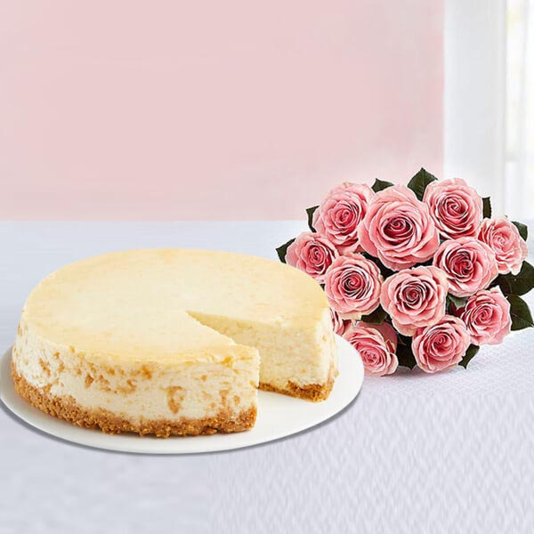 Send NY Cheesecake with Dozen Pink Roses Bouquet Online