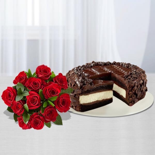 Send Chocolate Cheesecake with Dozen Red Roses Bouquet Online