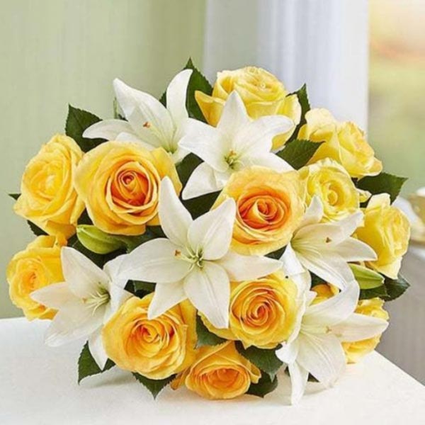 Send Yellow Roses N White Lilies Bouquet Online