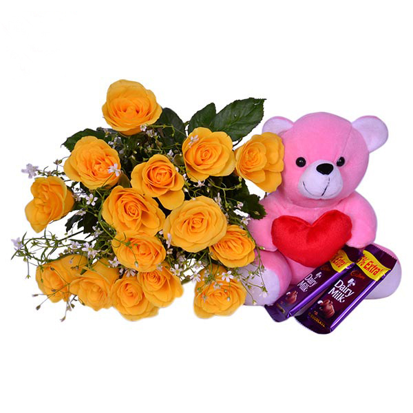 Send Yellow Roses with Chocolates & Teddy Online