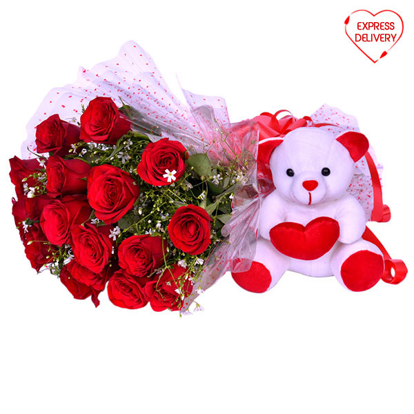 Send 15 Red Roses with 6 Inches Teddy Bear Online