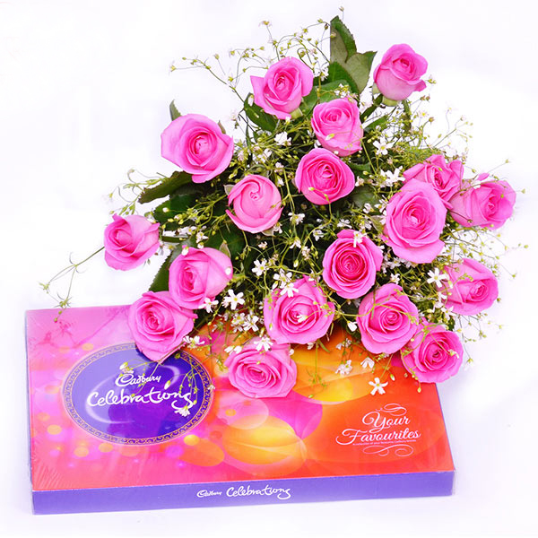 Send Pink Roses & Celebrations Combo Online