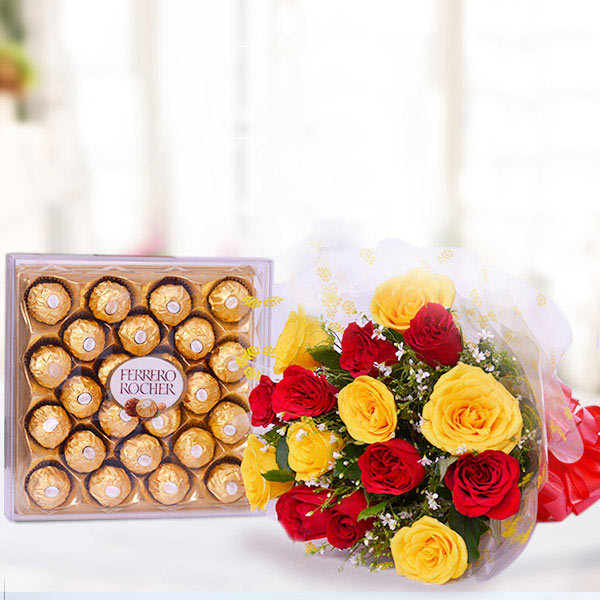 Send Yellow & Red Roses with  Ferrero Rocher (300 gm) Online