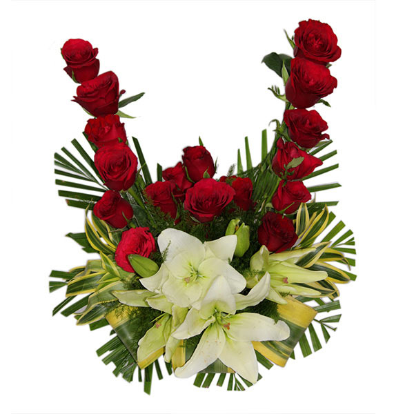Send Red Roses with White Asiatic Lilies Online