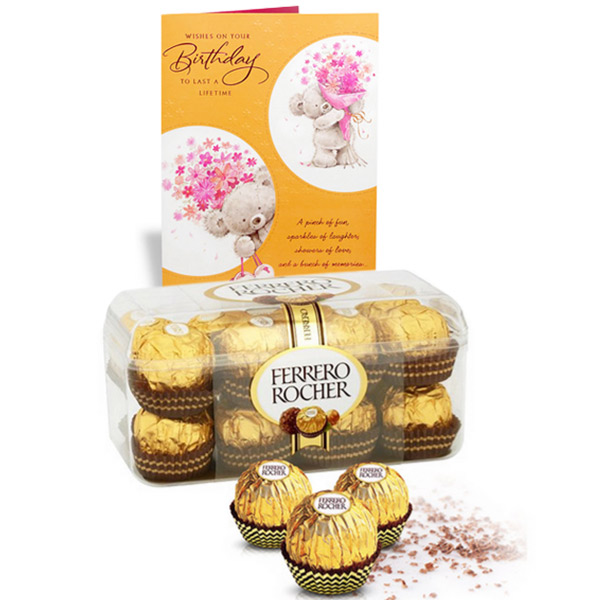 Send Delicious Box of 16 Pieces Ferrero Rocher with Special Birthday Card Online