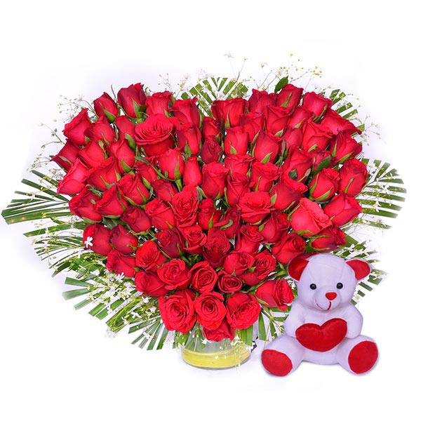 Send Heart Shape Red Rose Arrangement with Teddy Online