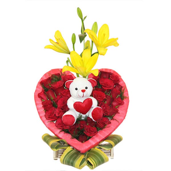 Send Heart Shaped Mixed Flowers Arrangement with Teddy Online