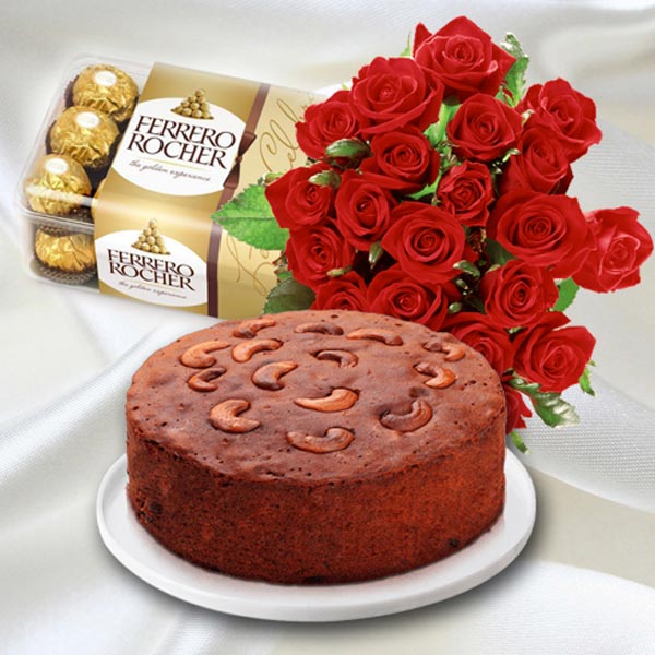 Send Plum Dry Cake with Red Roses Bouquet N Chocolates Online