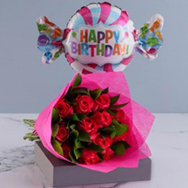 Send Red Rose Bouquet with Birthday Balloon Online