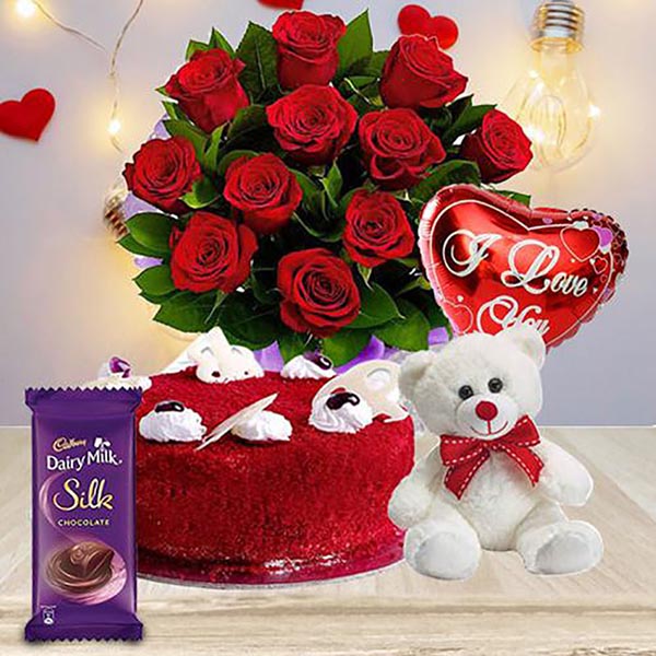Send Red Roses with Teddy N Chocolate for Valentines Day Online