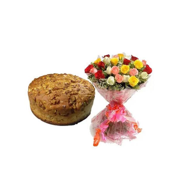 Send Walnut Dry Cake with Mixed Roses Bouquet Online